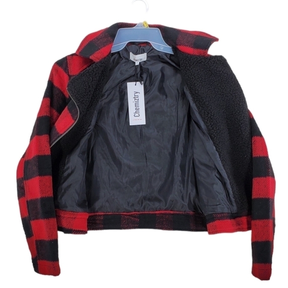 Love Chemiztry Coat Buffalo Plaid Red Black Moto Flannel Fleece Jacket Lined S L - Picture 4 of 12